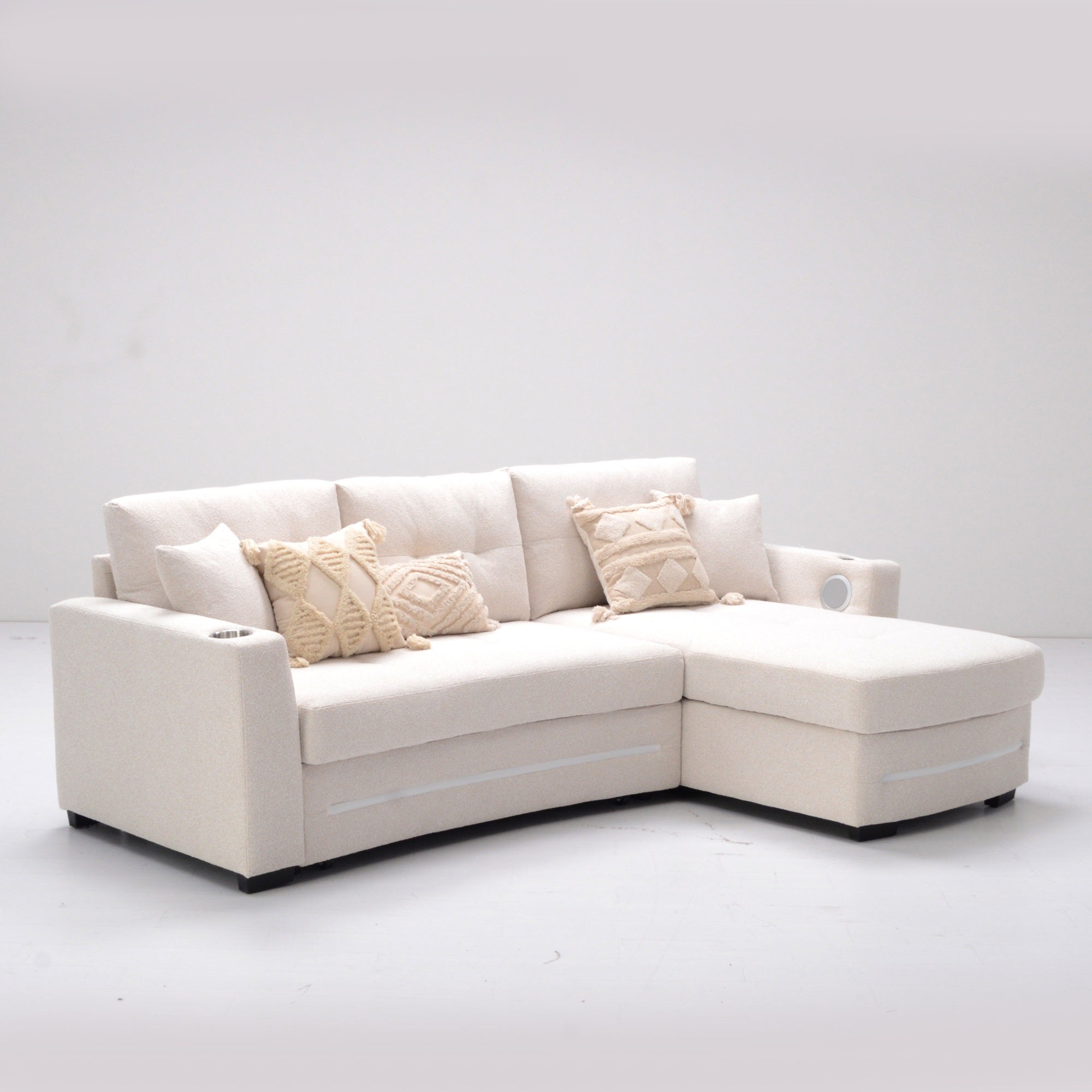 A beige L-Shape Sofa with storage and Pull-out bed.Its directions is RHF.