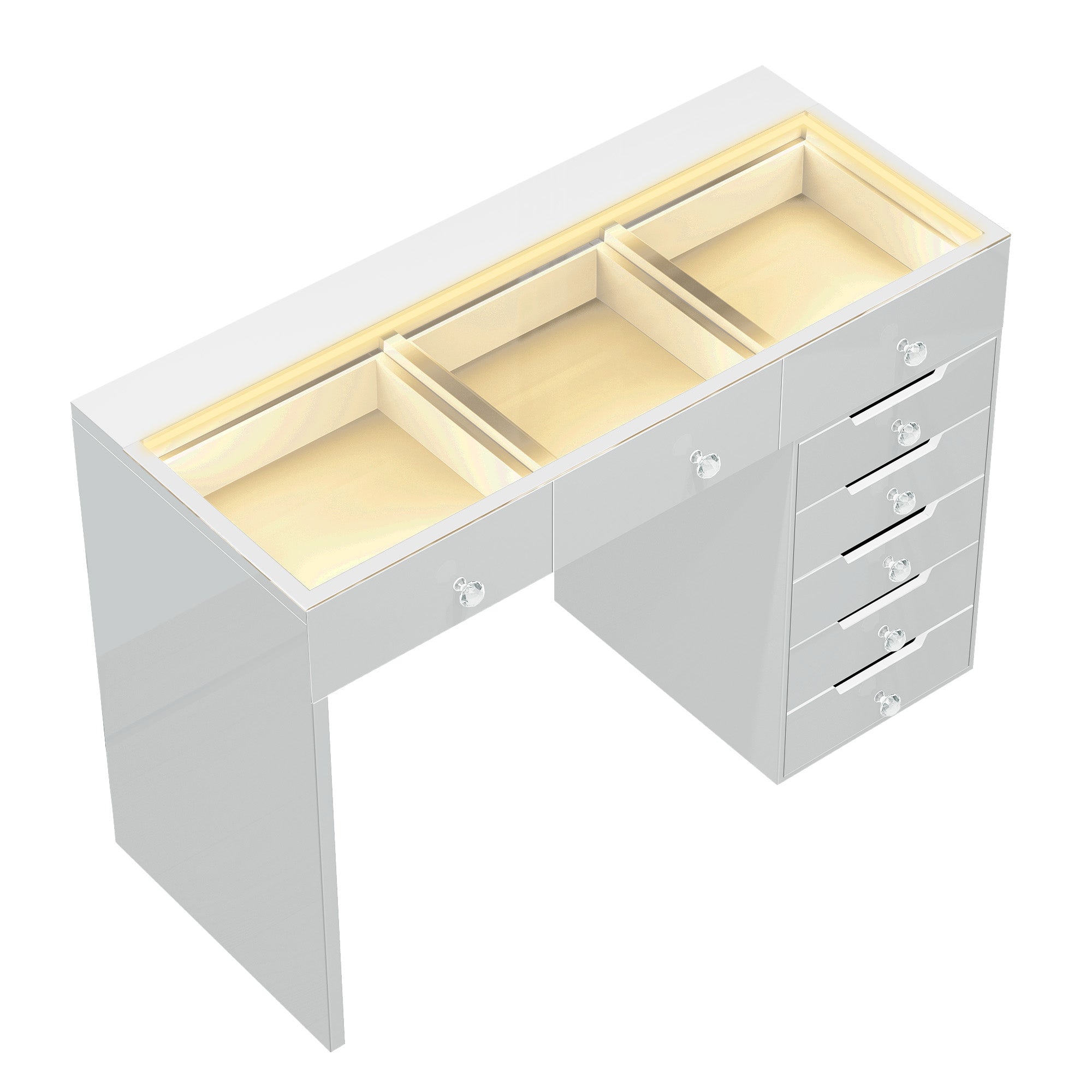 The VANITII Diana Vanity Desk is equipped with 8 drawers with crystal handles, Type-C and USB charging ports, and a glass countertop with 3 adjustable LED light strips of different color temperatures. It features a simple white design, perfectly combining fashion with practicality.