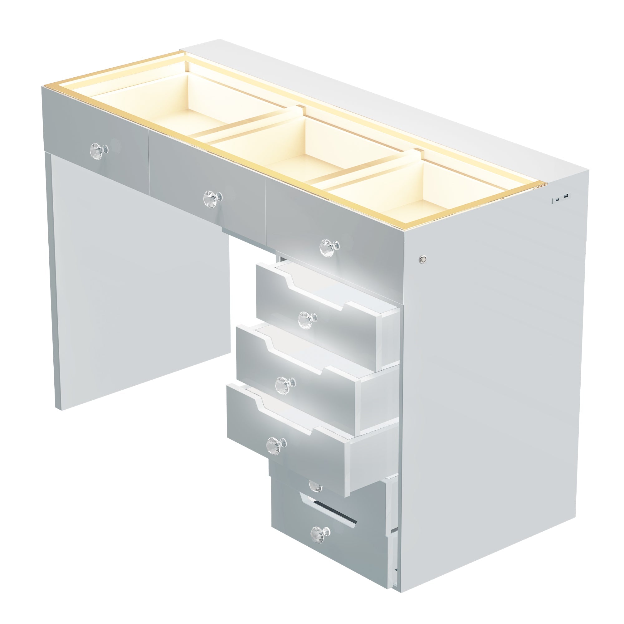 The VANITII Diana Vanity Desk is equipped with 8 drawers with crystal handles, Type-C and USB charging ports, and a glass countertop with 3 adjustable LED light strips of different color temperatures. It features a simple white design, perfectly combining fashion with practicality.