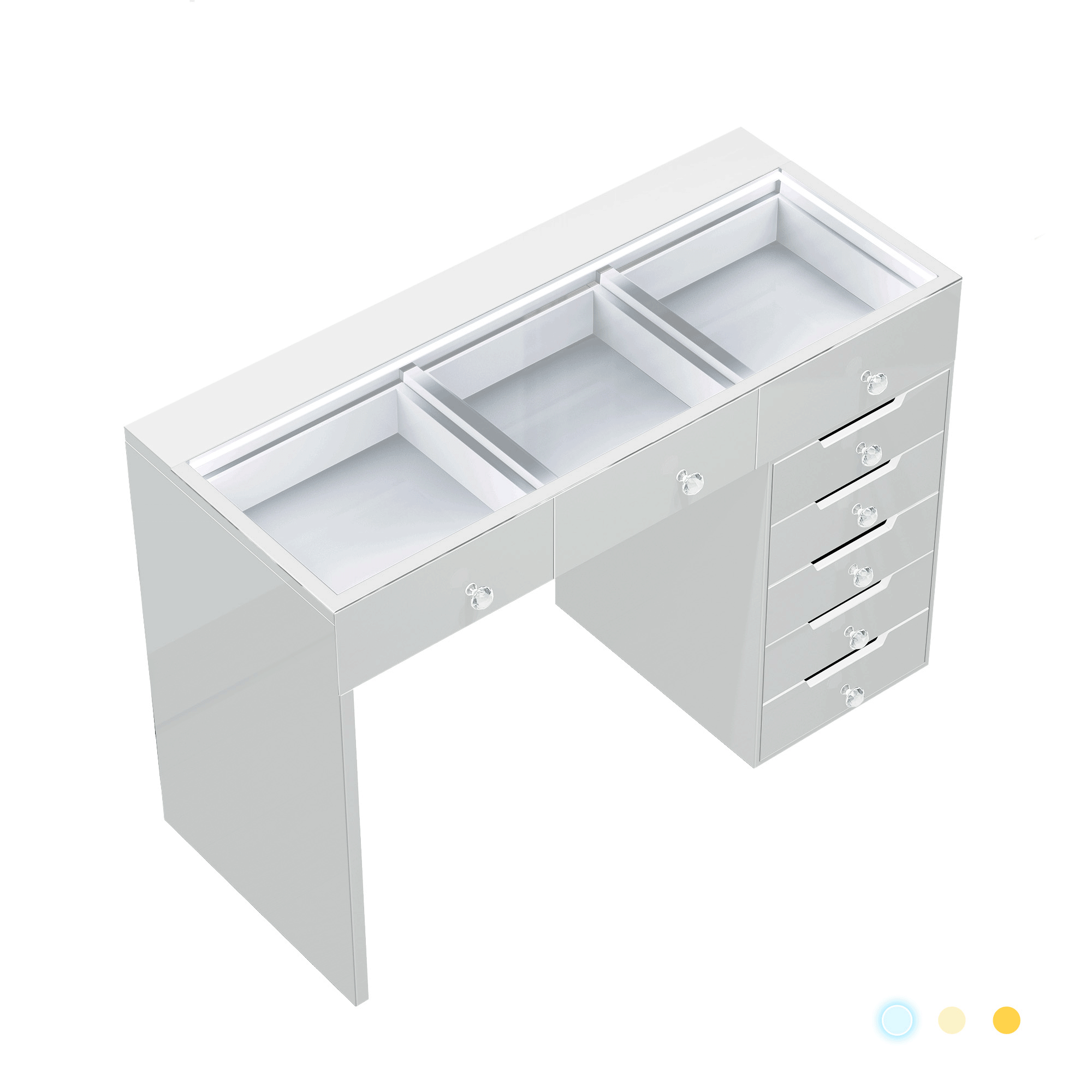 The VANITII Diana Vanity Desk is equipped with 8 drawers with crystal handles, Type-C and USB charging ports, and a glass countertop with 3 adjustable LED light strips of different color temperatures. It features a simple white design, perfectly combining fashion with practicality.