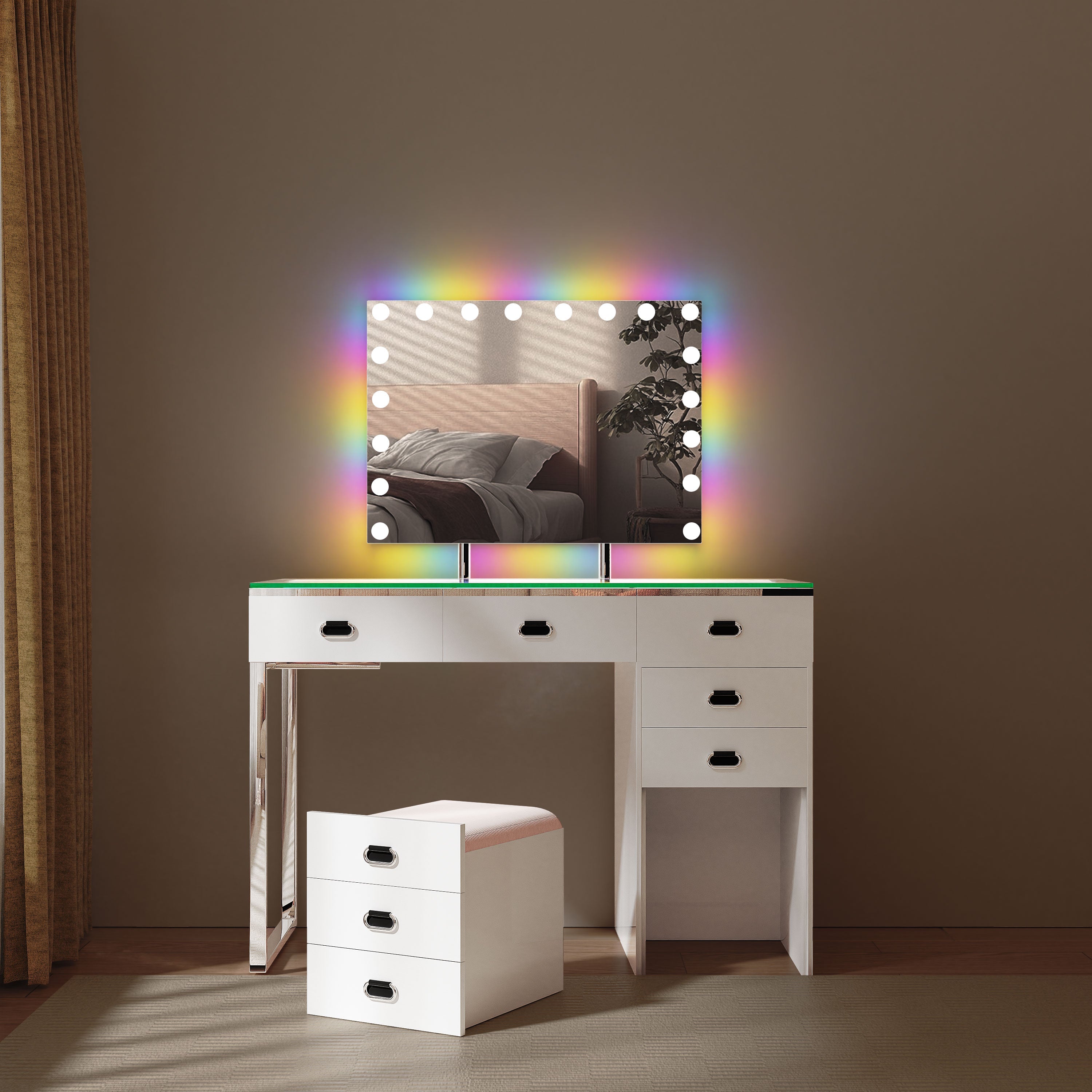 There are VANITII Chelsea Vanity Set.Its desk features 6 storage drawers with a soft hidden stool .And mirror features detachable high lumen led bulbs and bluetooth speaker.The overall design is simple and white. It is placed in the bedroom and is both practical and versatile.