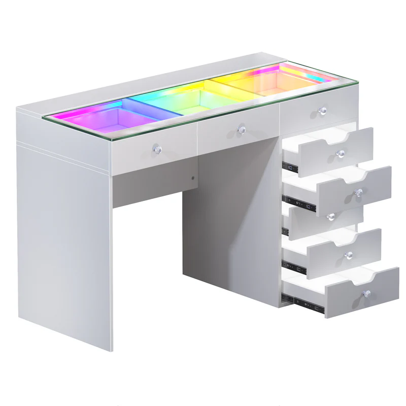 The VANITILL vanity table features 8 storage drawers, built-in RGB LED lighting, and Type-C and USB charging ports. With its minimalist white design, it’s both stylish and versatile.