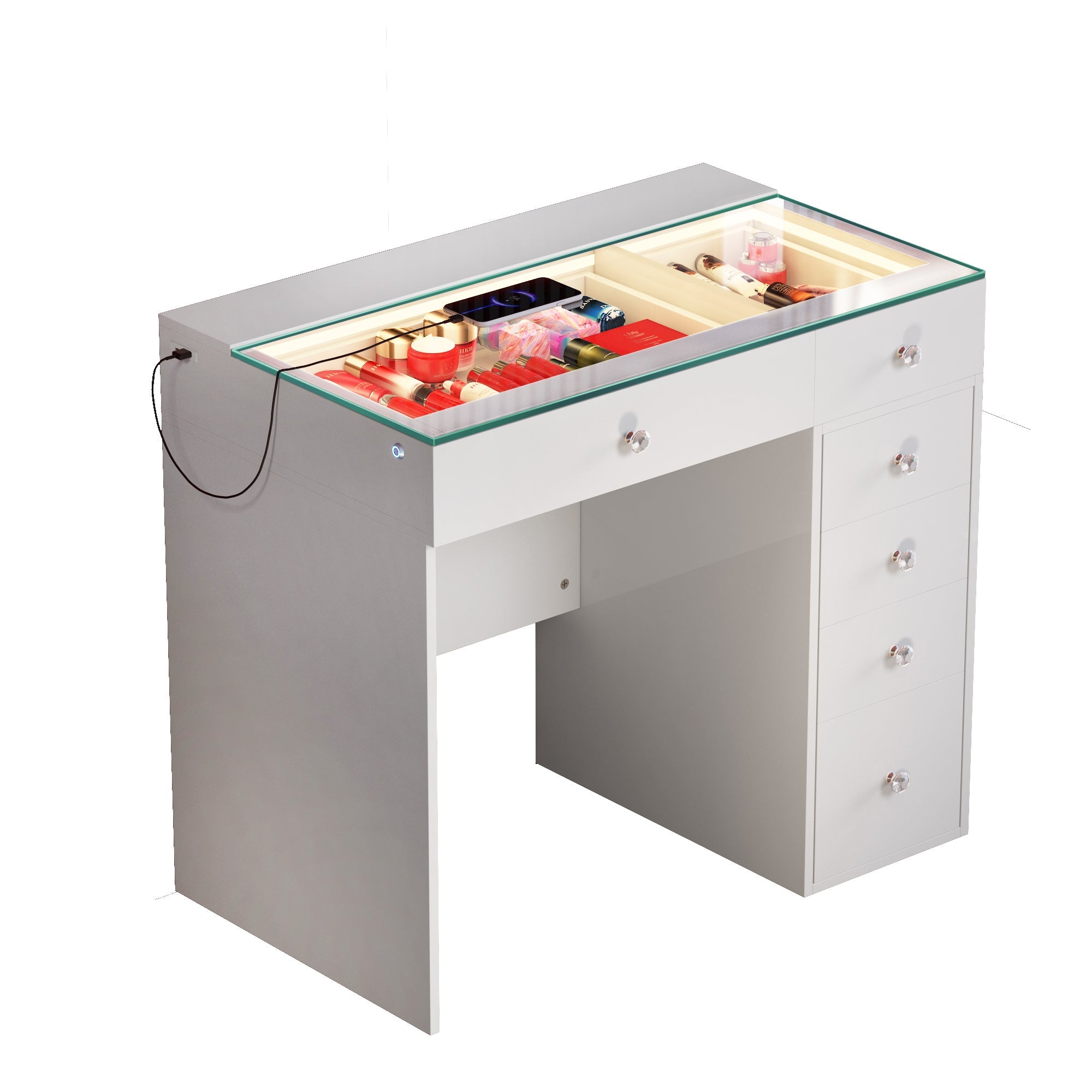 VANITII Diana Vanity Desk features 6 drawers with crystal handles, Type-C and USB charging ports, and 3 color LED light strip built into the glass countertop. It features a simple white design, perfectly combining fashion with practicality.