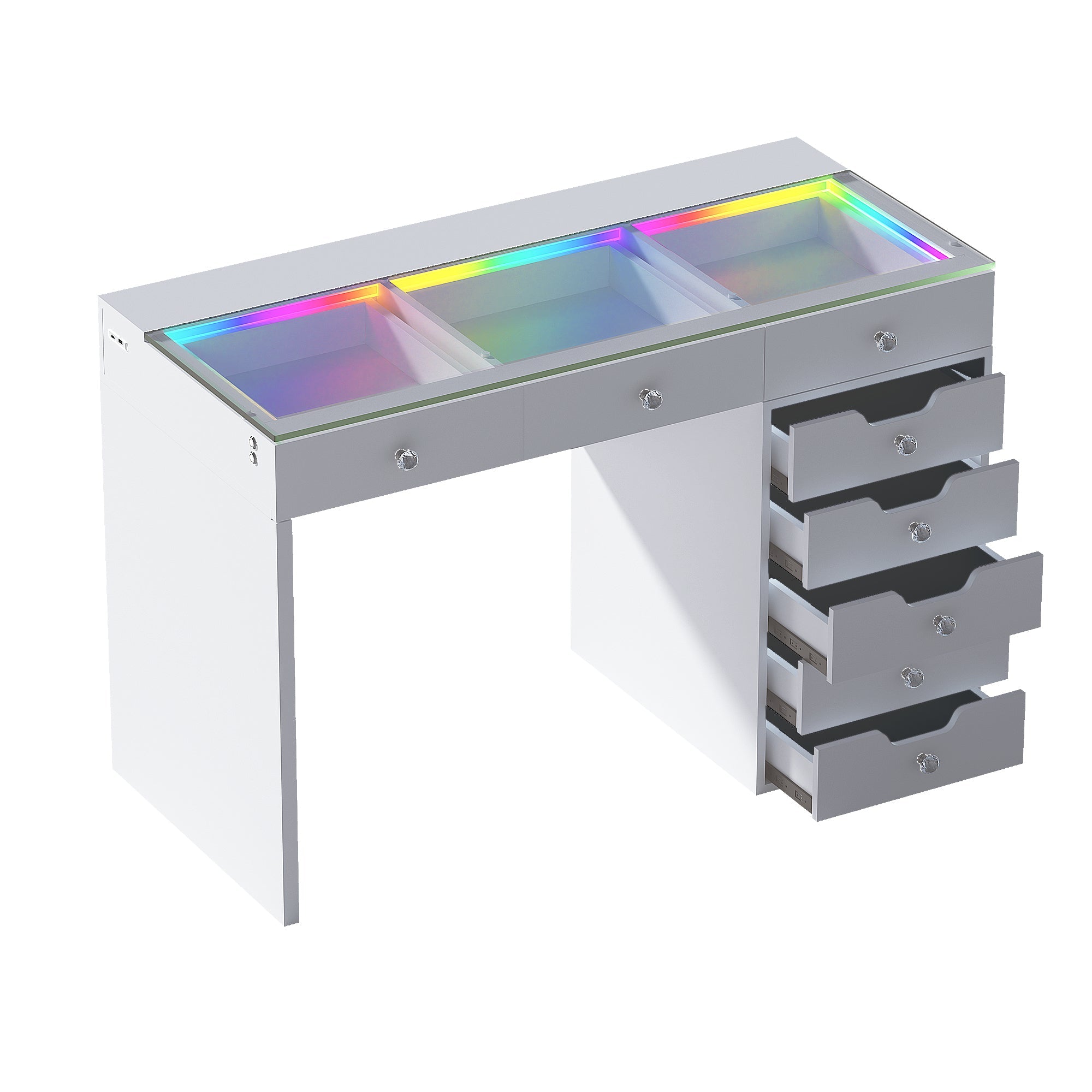 The VANITILL vanity table features 8 storage drawers, built-in RGB LED lighting, and Type-C and USB charging ports. With its minimalist white design, it’s both stylish and versatile.