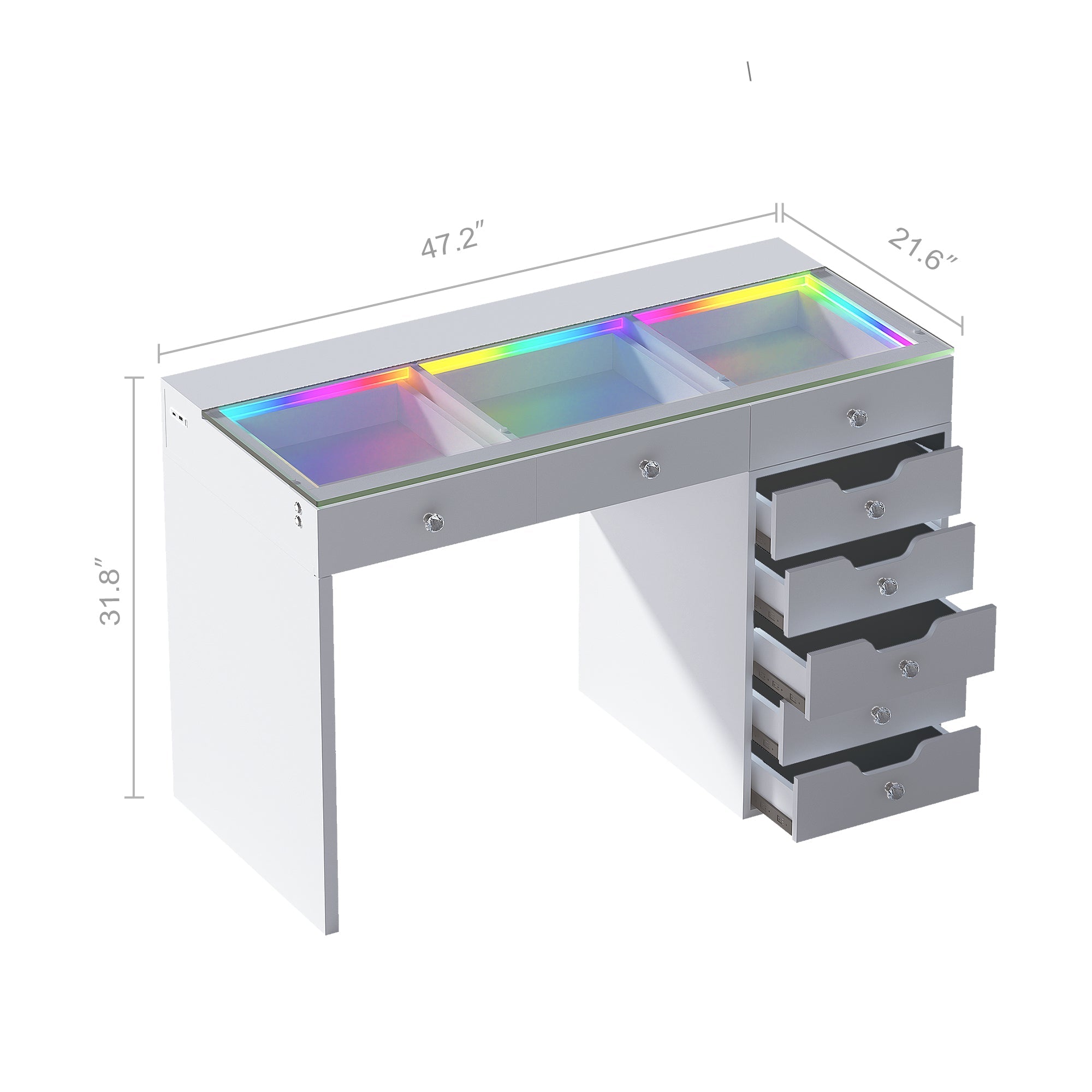 Size of VANITII Diana RGB LED Dressing Table with 8 Drawers.