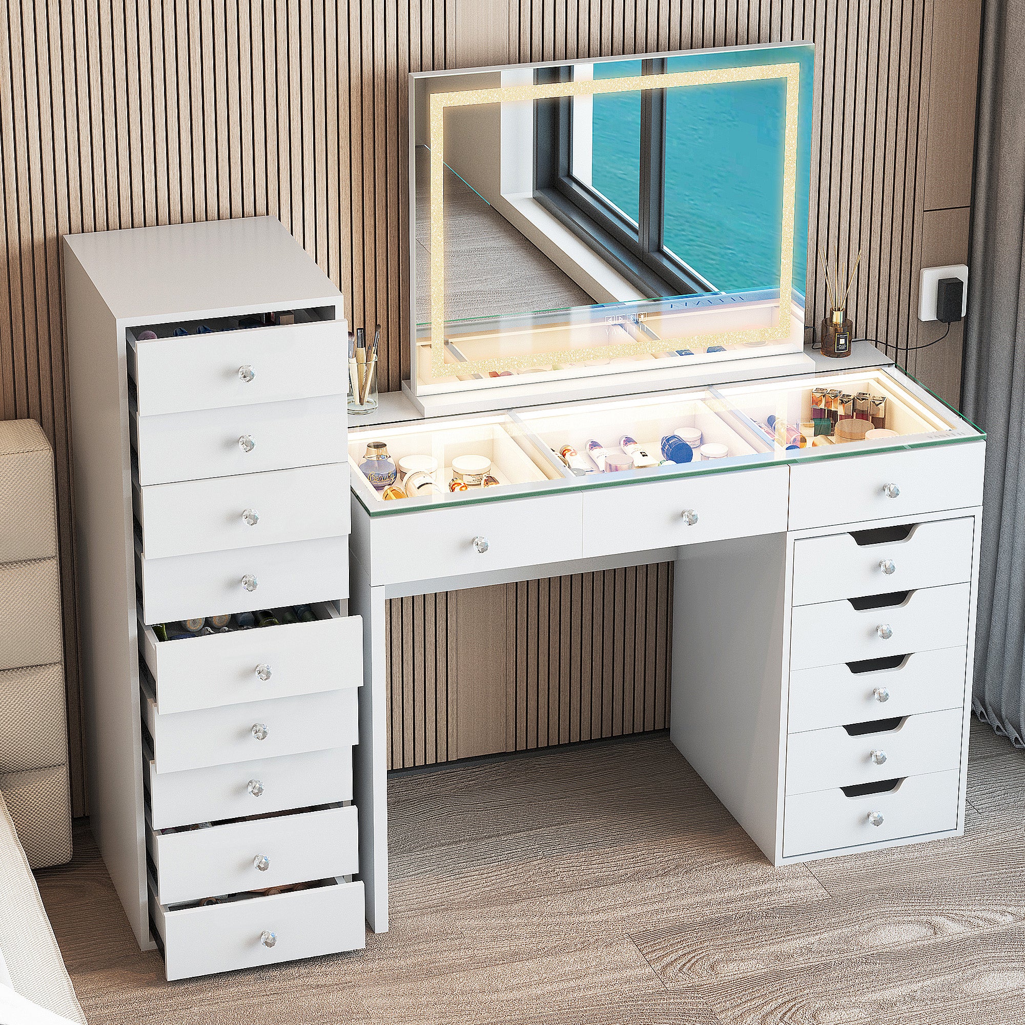 9-Drawer Makeup Vanity Storage Unit placed next to the dressing table