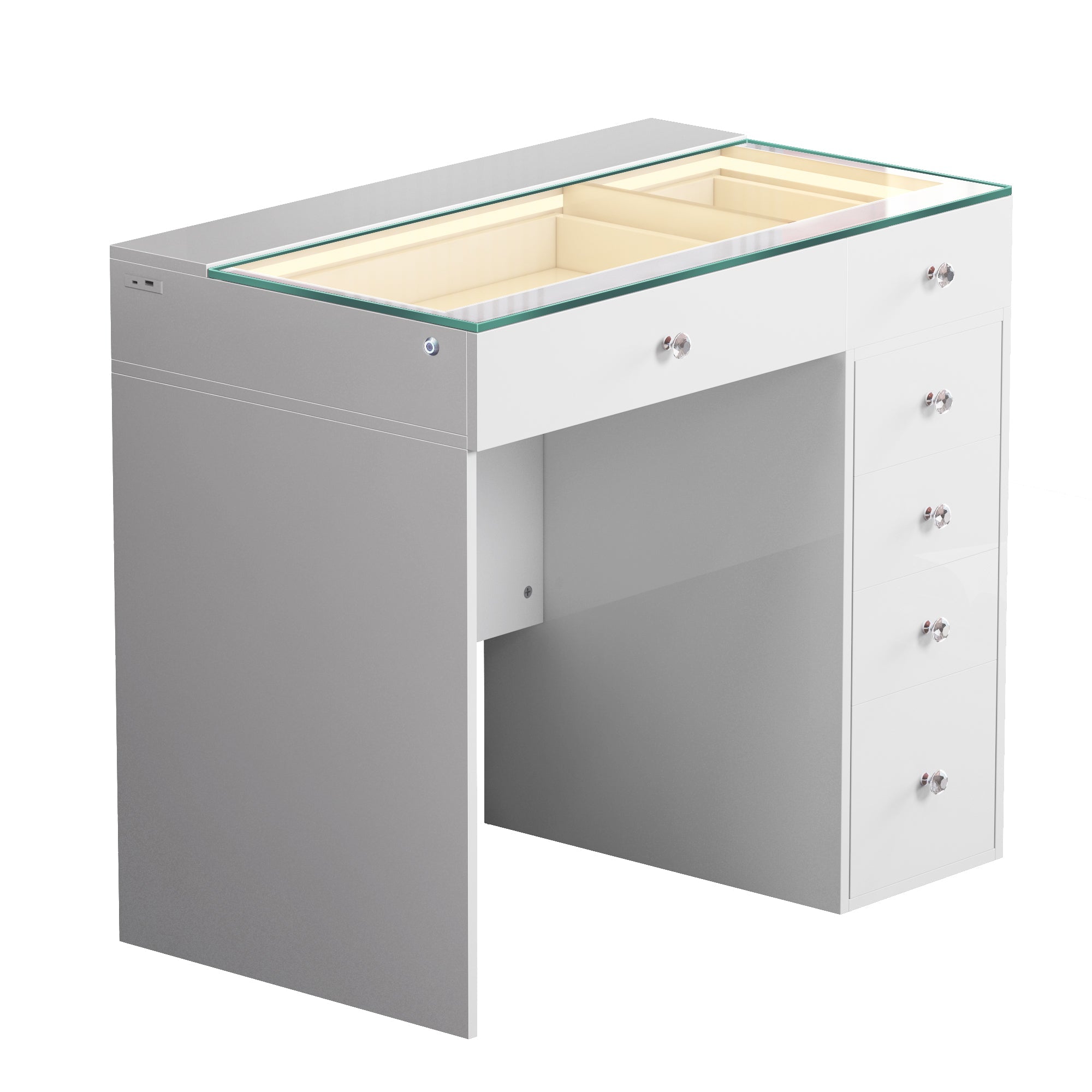 VANITII Diana Vanity Desk features 6 drawers with crystal handles, Type-C and USB charging ports, and 3 color LED light strip built into the glass countertop. It features a simple white design, perfectly combining fashion with practicality.