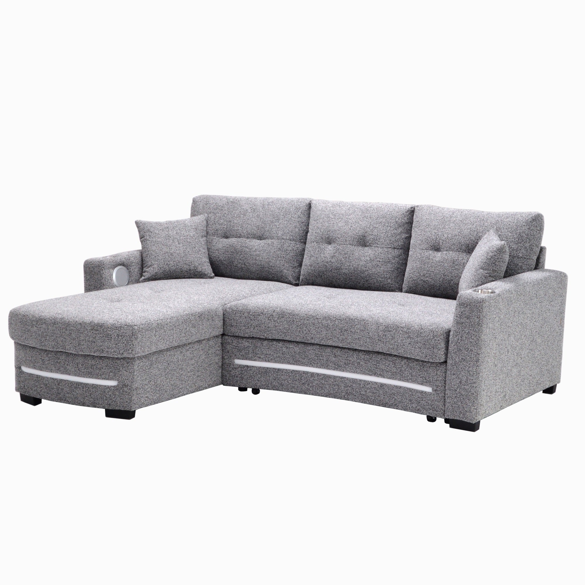 A dark grey L-Shape Sofa with storage and Pull-out bed.Its directions is LHF.