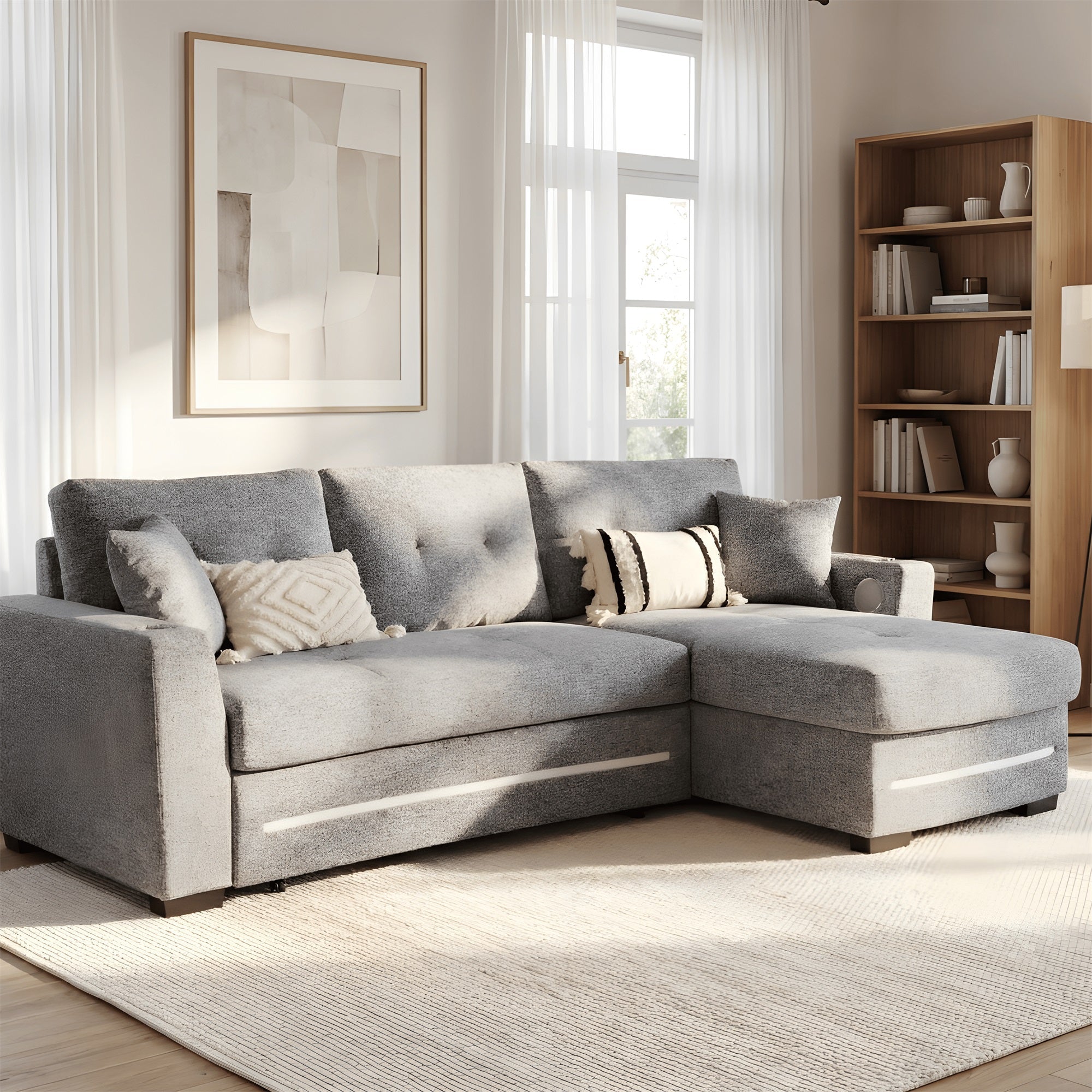 A dark grey L-Shape Sofa with storage and Pull-out bed.Its directions is RHF.The overall design is simple and dark grey. It is placed in the living room and is both practical and versatile.