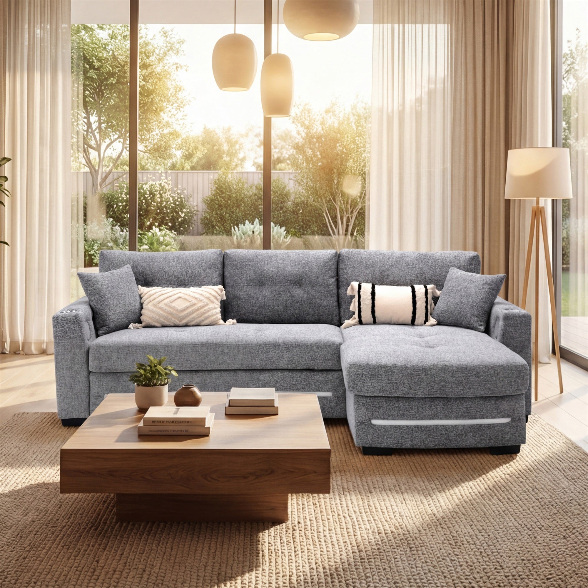 A dark grey L-Shape Sofa with storage and Pull-out bed.Its directions is RHF.The overall design is simple and dark grey. It is placed in the living room and is both practical and versatile.