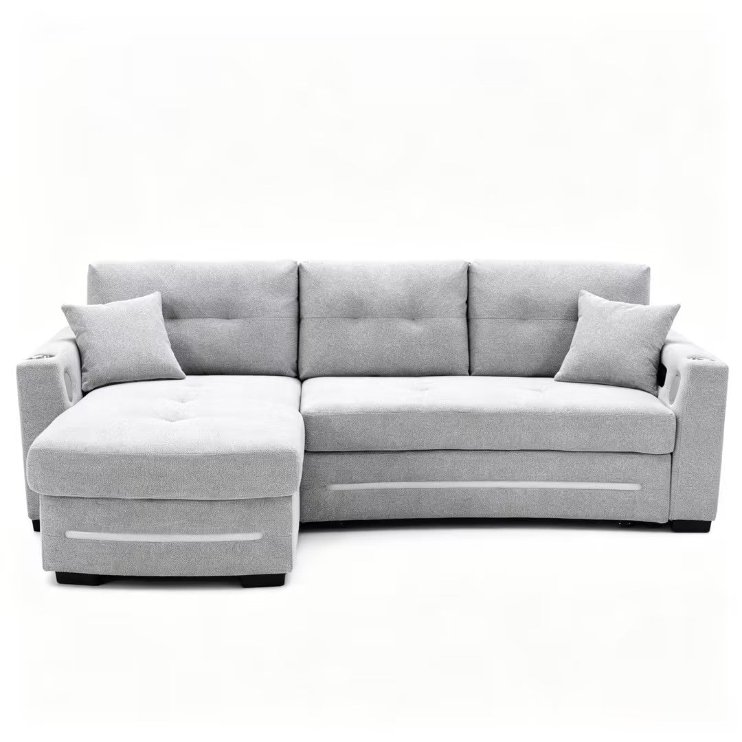 A light grey L-Shape Sofa with storage and Pull-out bed.Its directions is LHF.