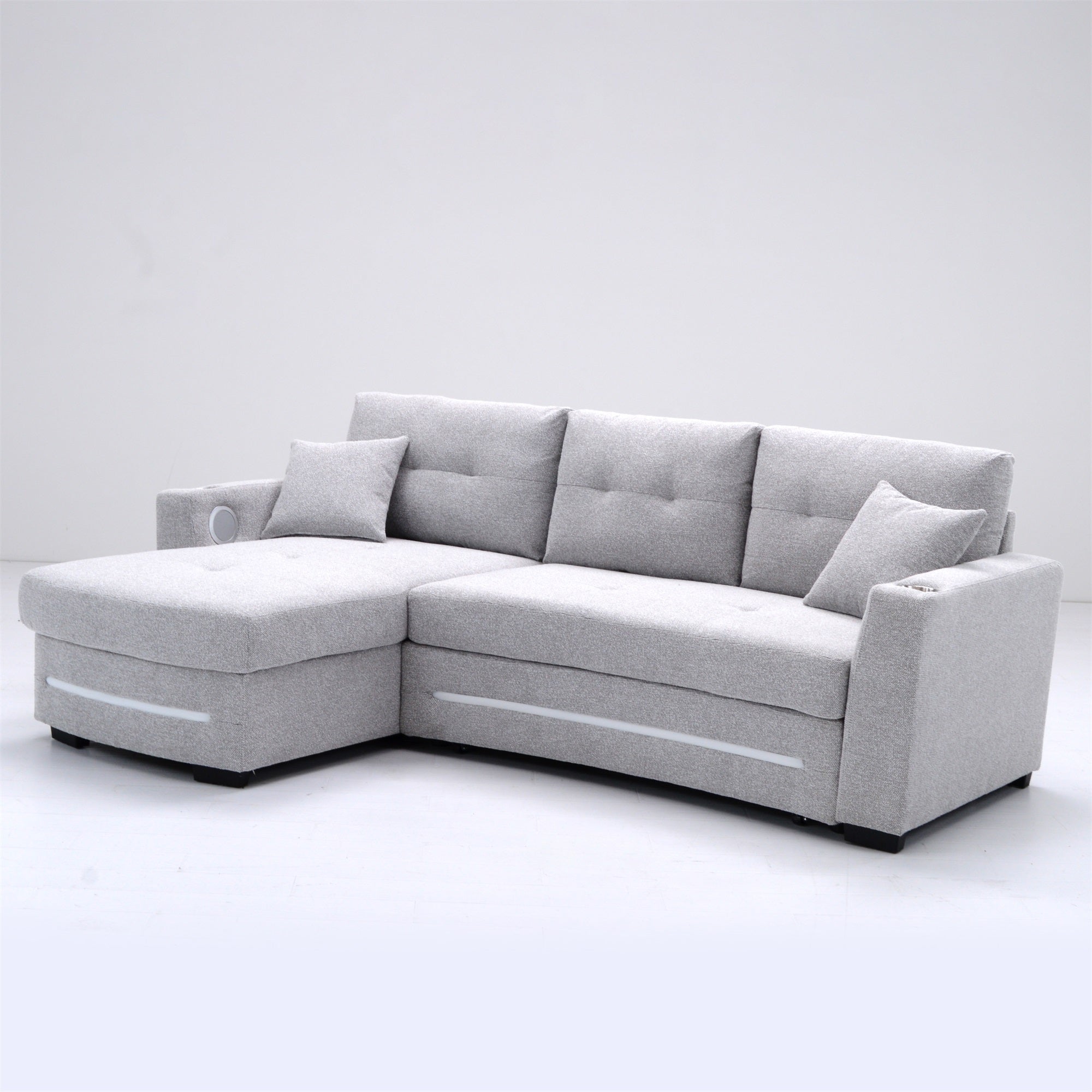 A light grey L-Shape Sofa with storage and Pull-out bed.Its directions is LHF.