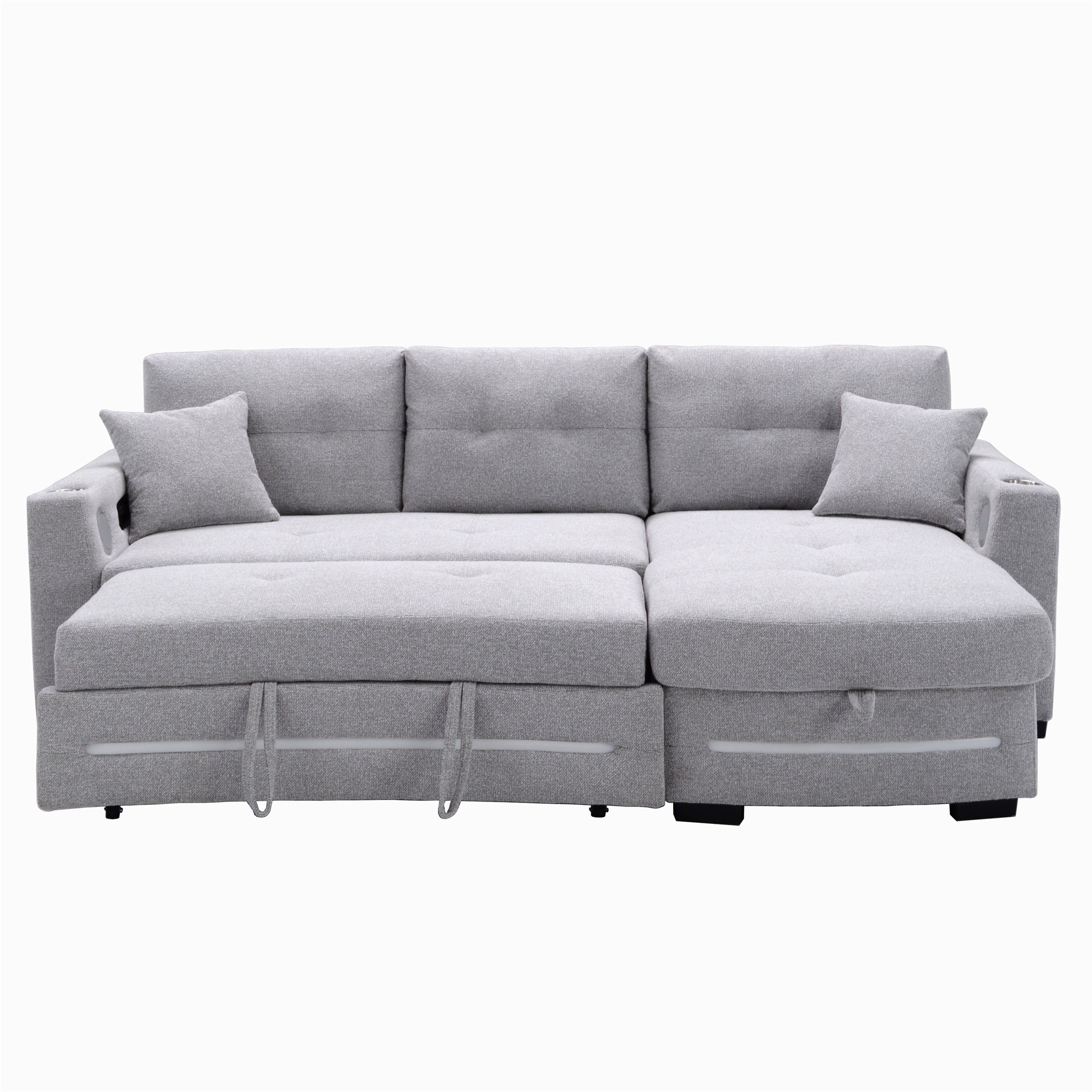 A light grey L-Shape Sofa with storage and Pull-out bed.Its directions is LHF.It converts into a bed.