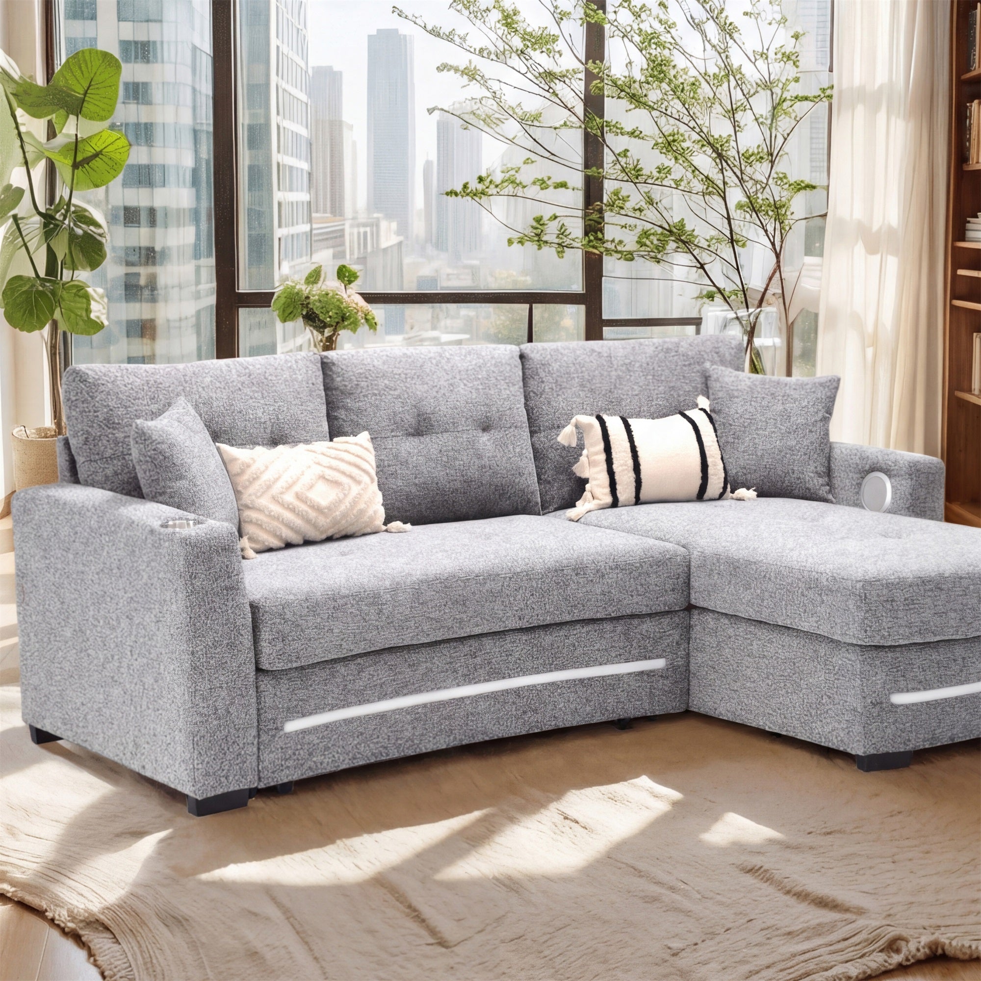 A light grey L-Shape Sofa with storage and Pull-out bed.Its directions is RHF.The overall design is simple and light grey. It is placed in the living room and is both practical and versatile.