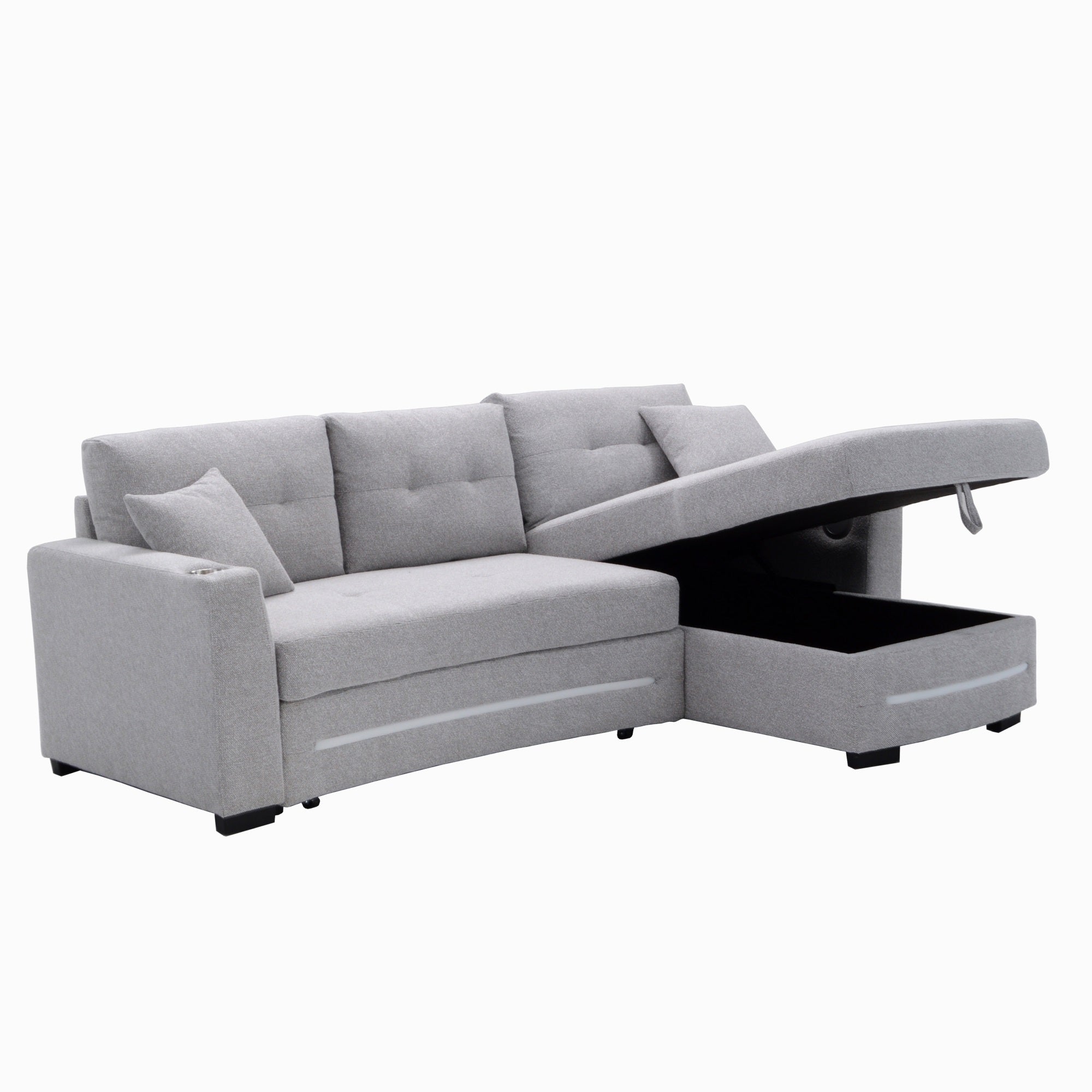 A light grey L-Shape Sofa with storage and Pull-out bed.Its directions is RHF.