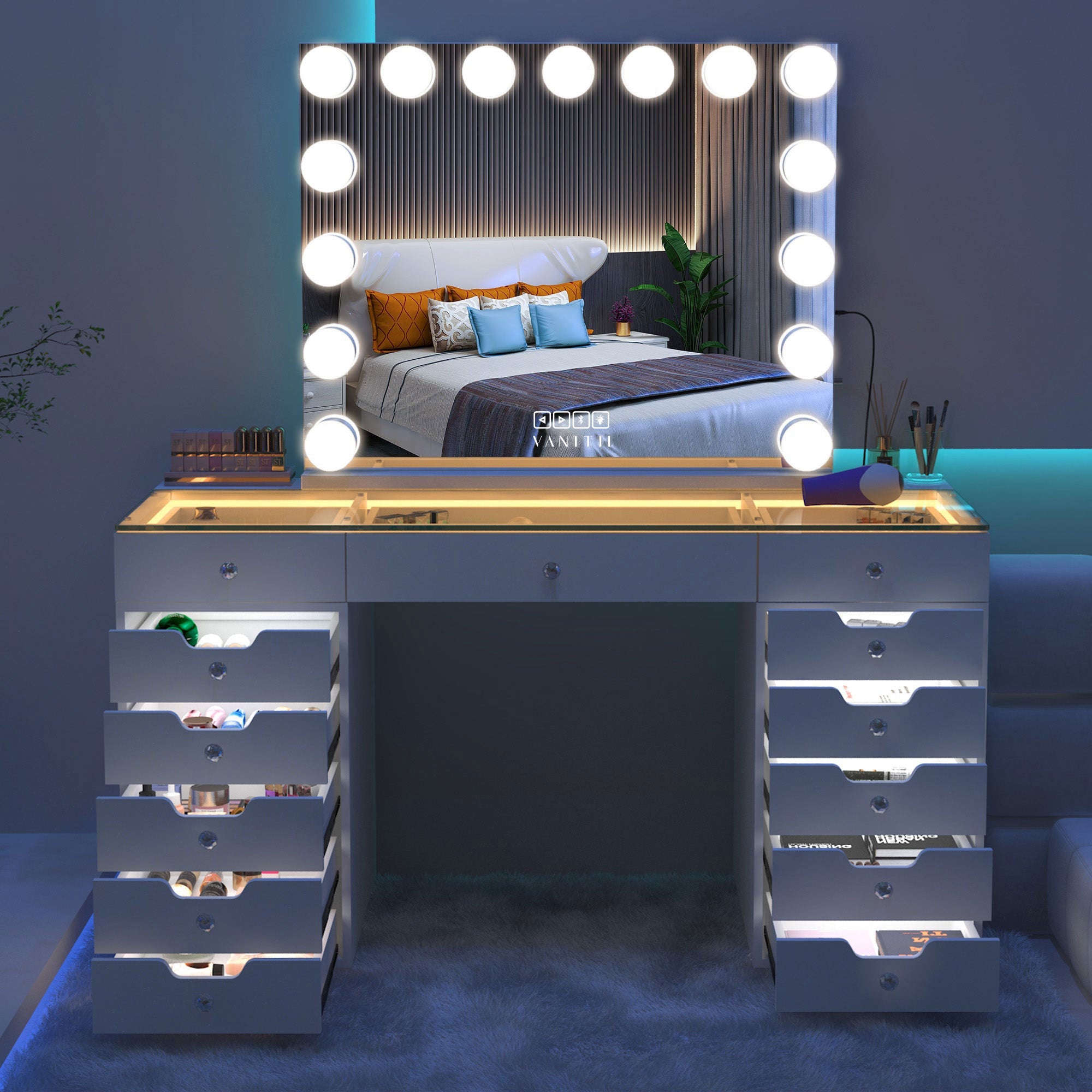 VANITII Eva Vanity Desk  - 13 Storage Drawers with Full Light vanitii