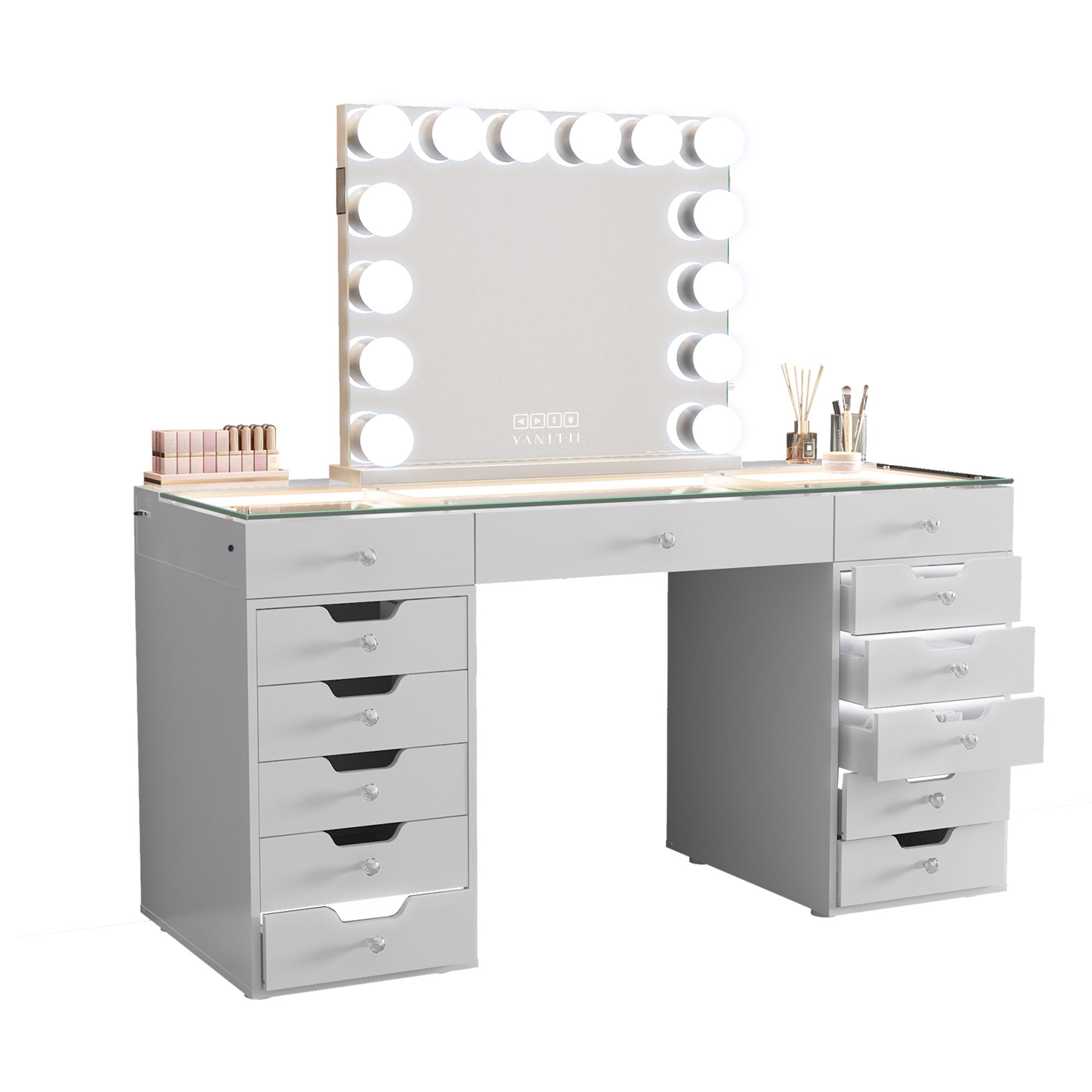 VANITII Eva Vanity Desk  - 13 Storage Drawers with Full Light vanitii