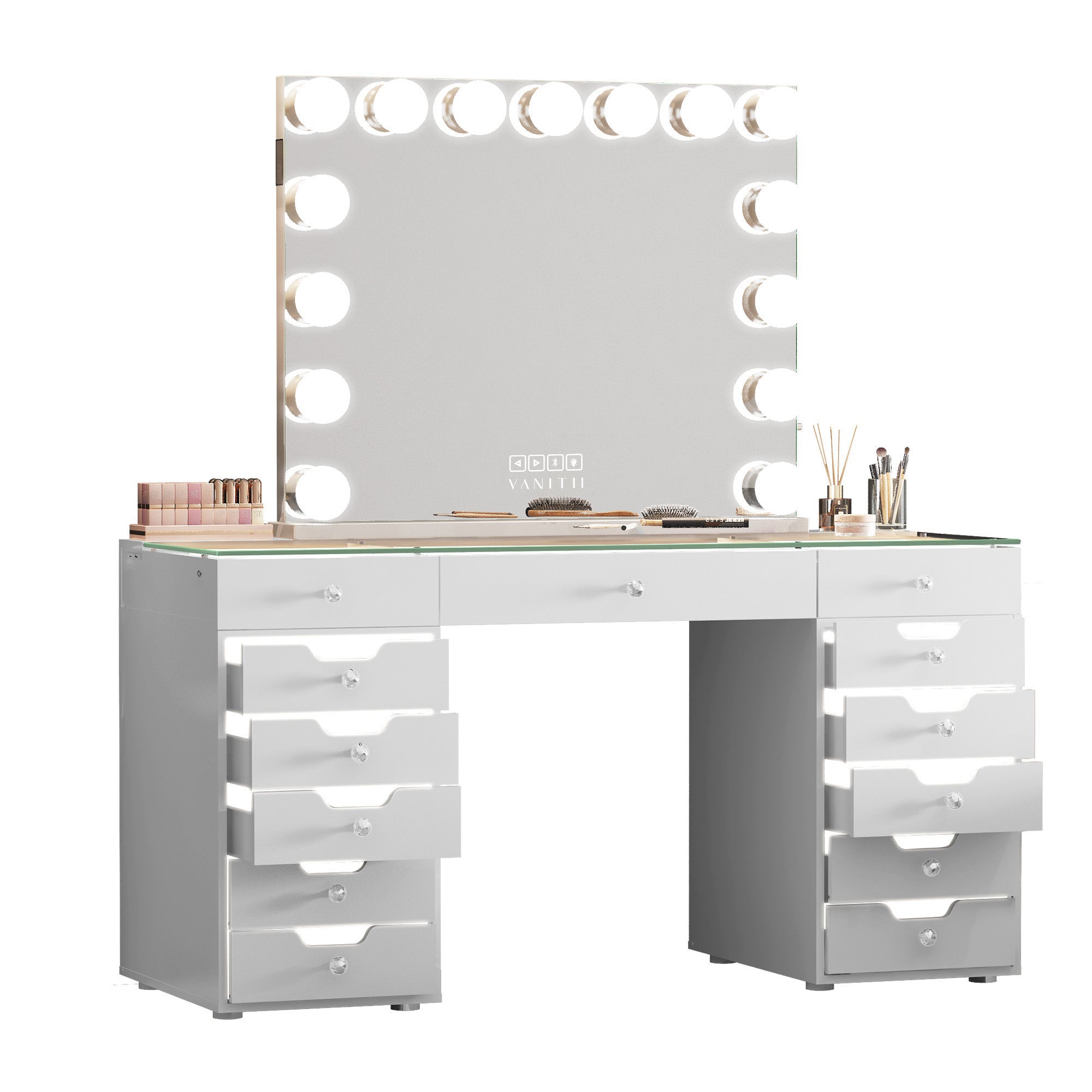 VANITII Eva Vanity Desk  - 13 Storage Drawers with Full Light vanitii