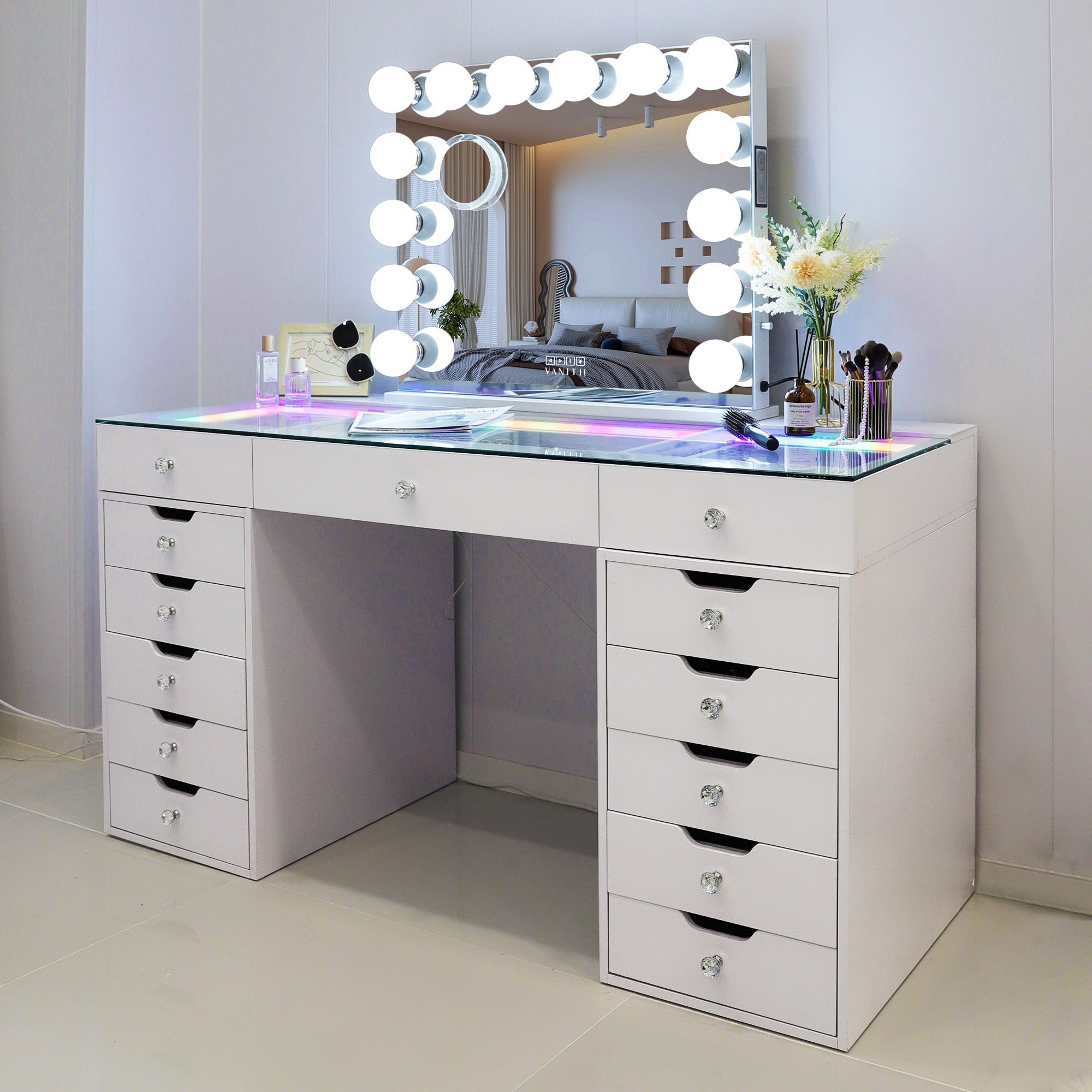 VANITII Eva Vanity Desk  - 13 Storage Drawers with Full Light & RGB vanitii