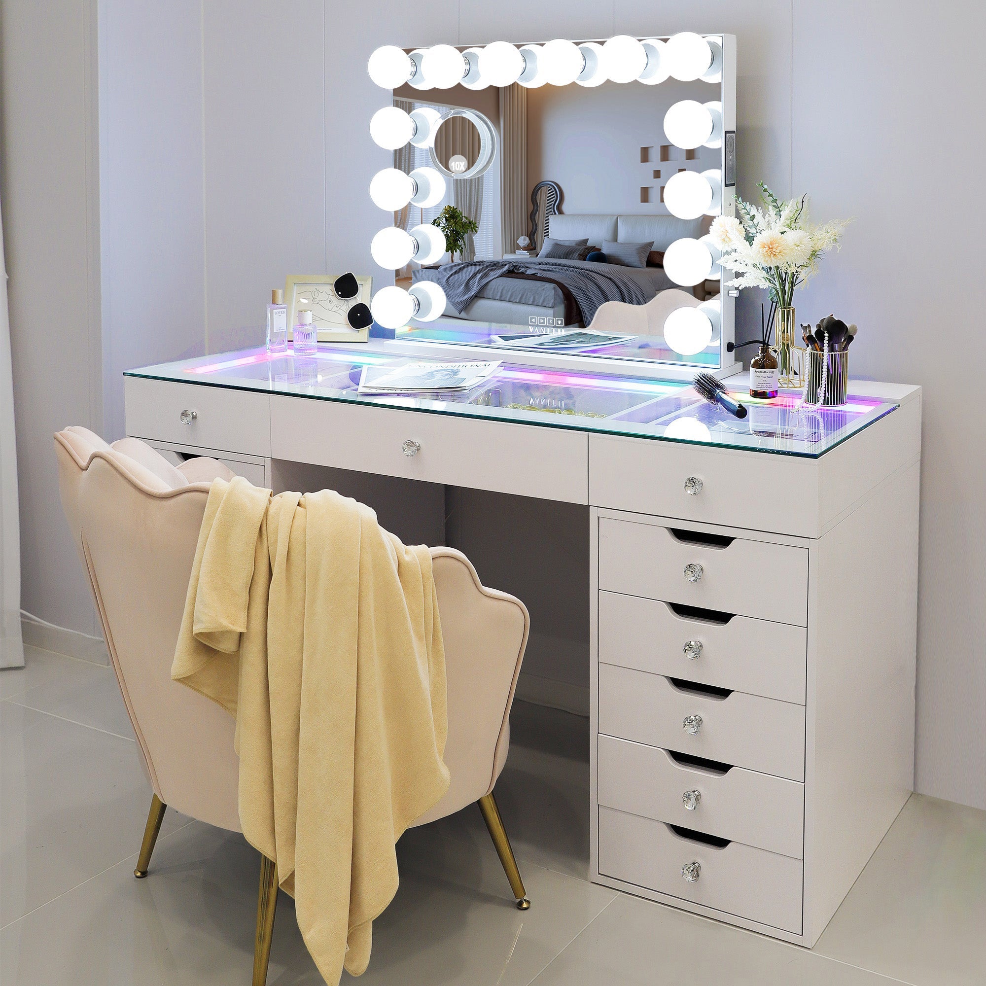 VANITII Eva Vanity Desk  - 13 Storage Drawers with Full Light & RGB vanitii