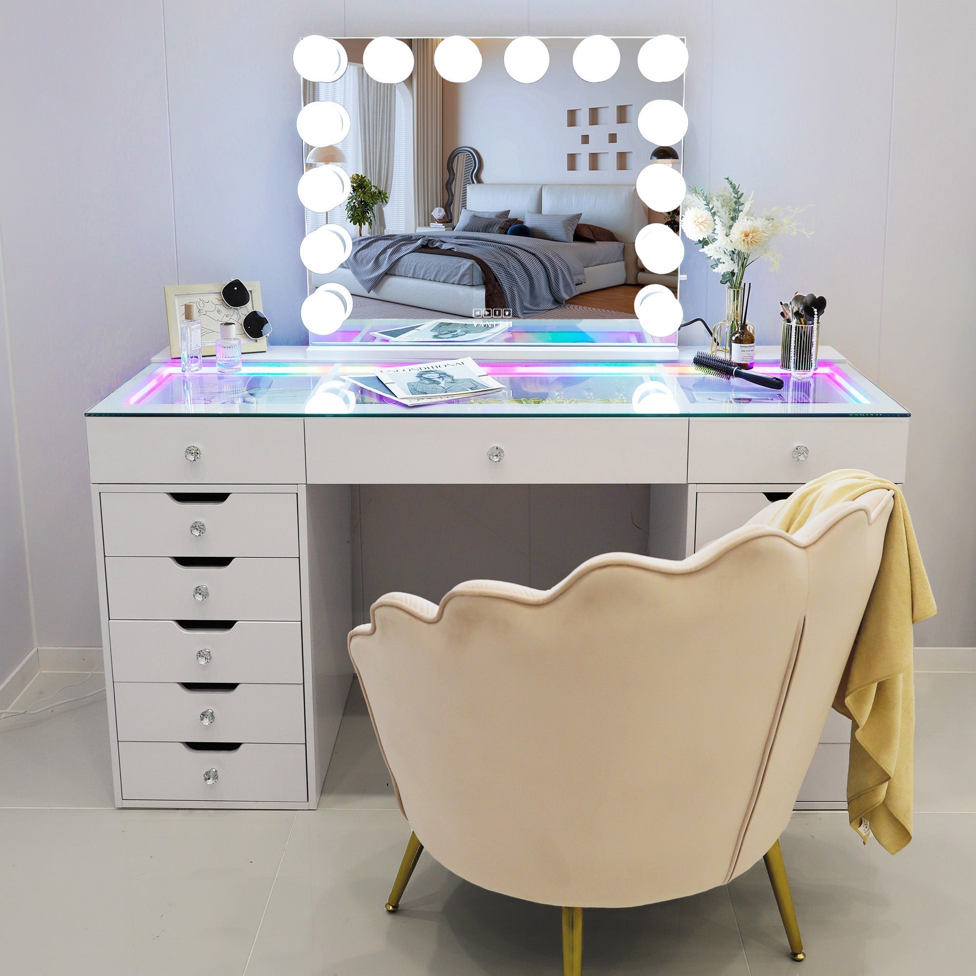 VANITII Eva Vanity Desk  - 13 Storage Drawers with Full Light & RGB vanitii