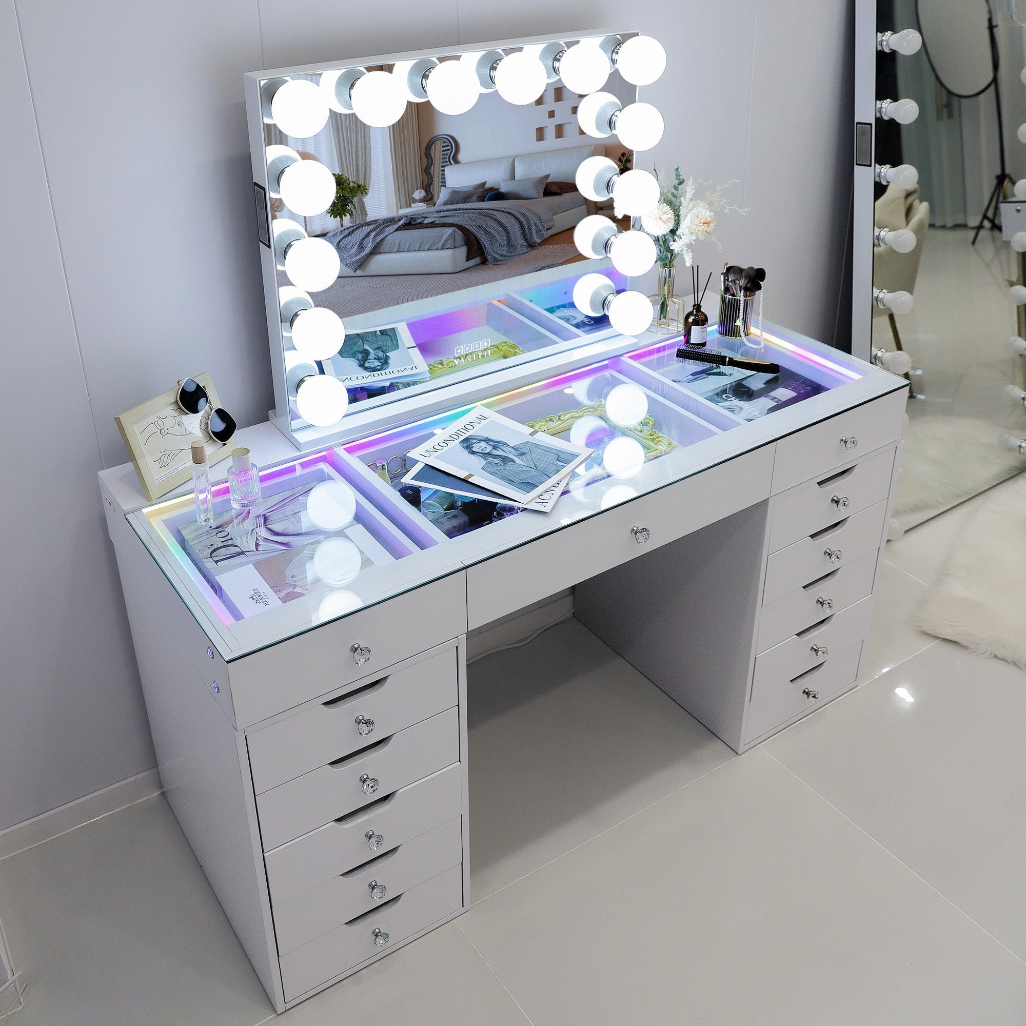 VANITII Eva Vanity Desk  - 13 Storage Drawers with Full Light & RGB vanitii