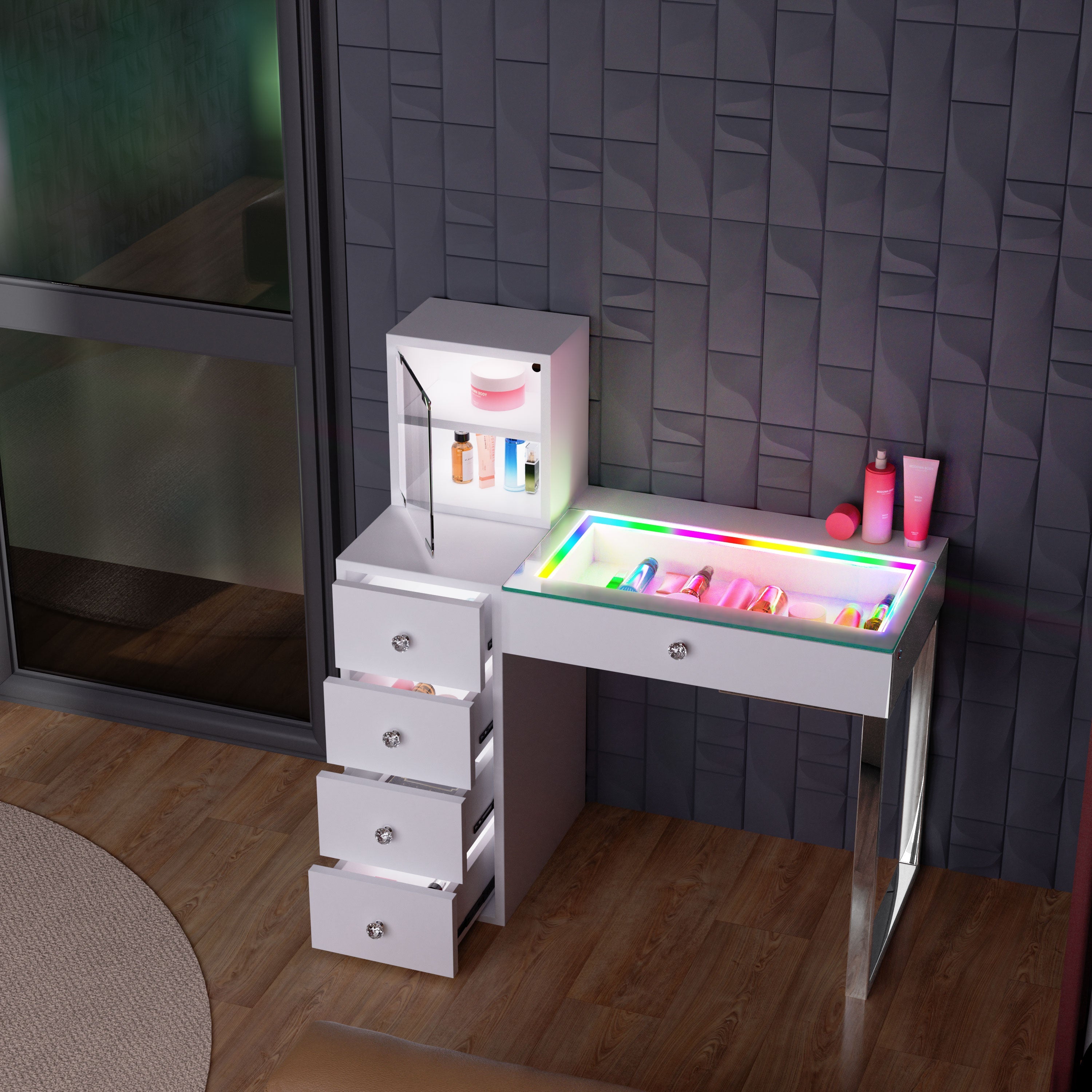 VANITII FABY RGB Vanity Table features RGB Light Strip on the glass desktop,5 Storage Drawers with Crystal Handles and USB and Type-C Charging Ports.There are also 2 layers of transparent storage shelves on the side.It features a simple white design. When placed in the bedroom, it perfectly combines beauty and functionality.