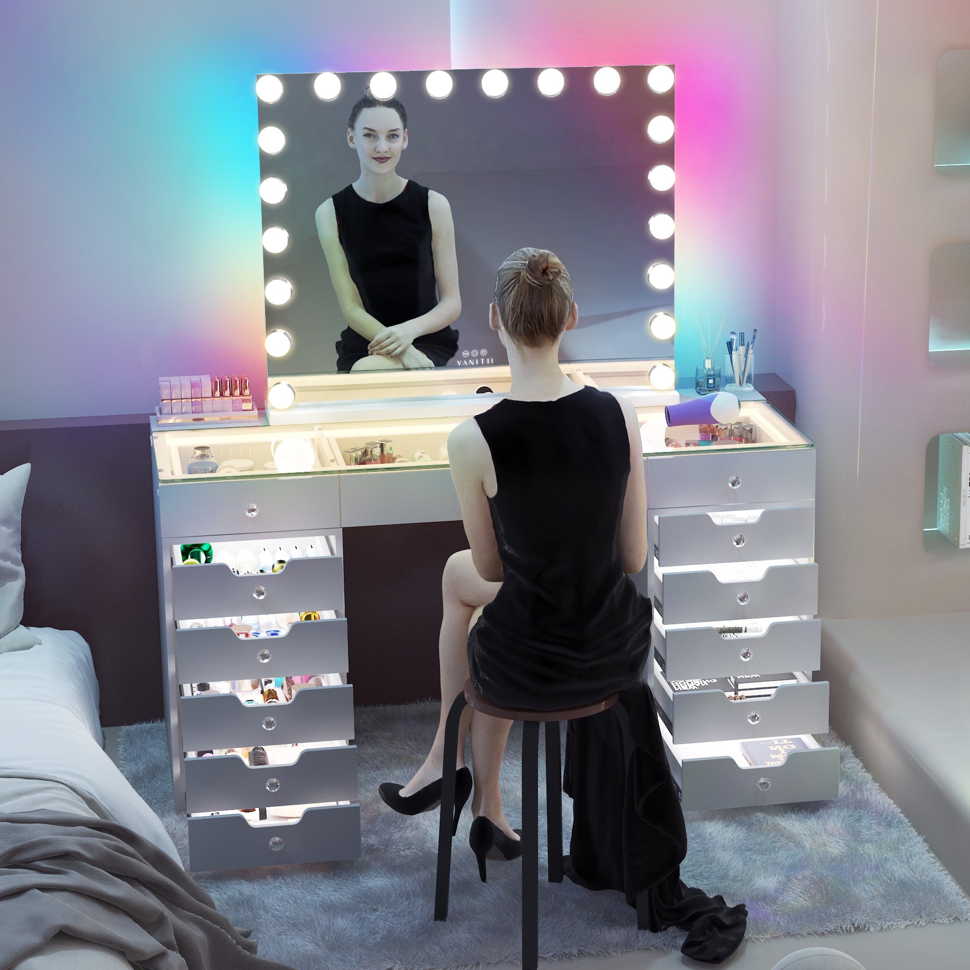 VANITII Mary Hollywood Glow Vanity Mirror with RGB - 20 Dimmable LED Bulbs vanitii