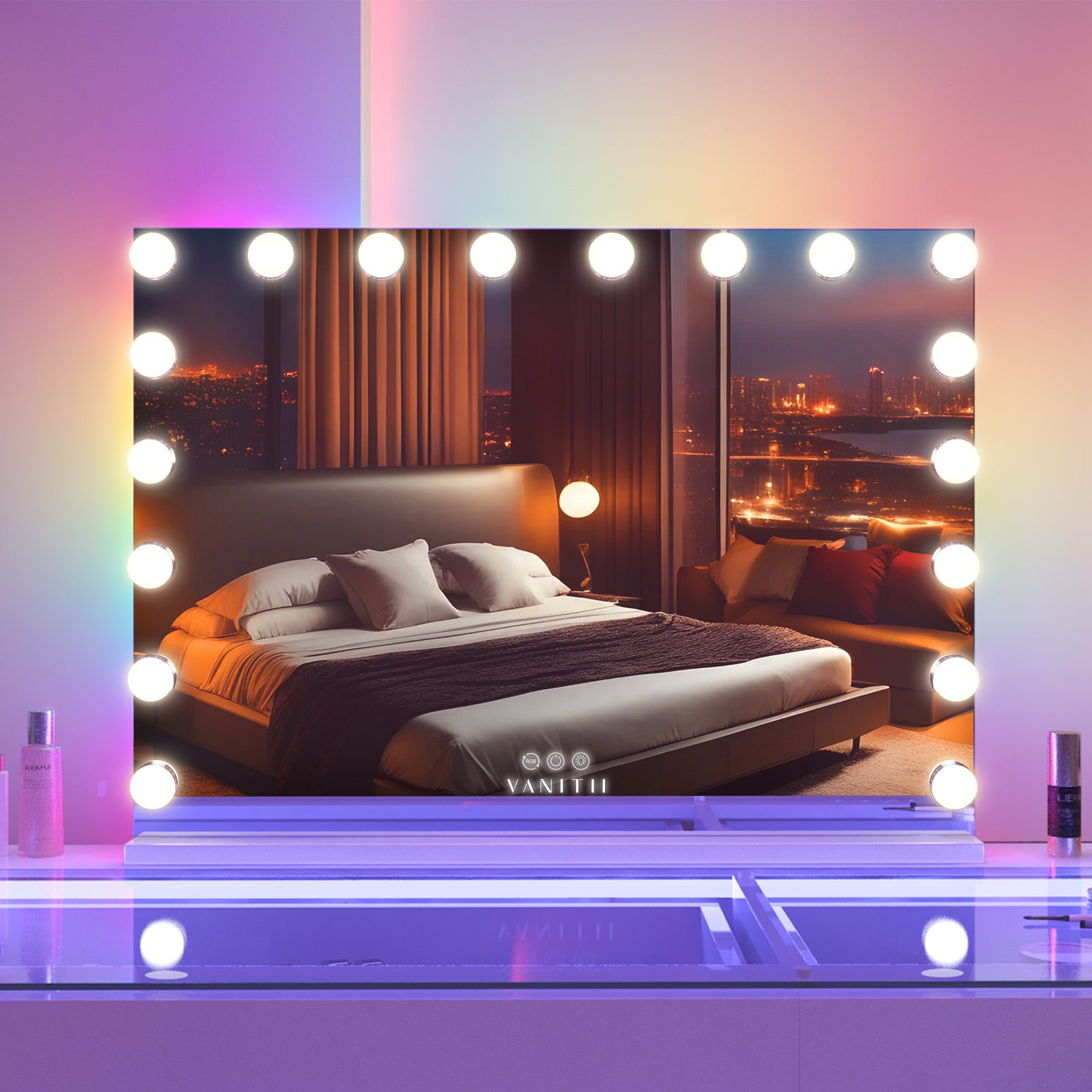 VANITII Mary Hollywood Glow Vanity Mirror with RGB - 18 Dimmable LED Bulbs vanitii